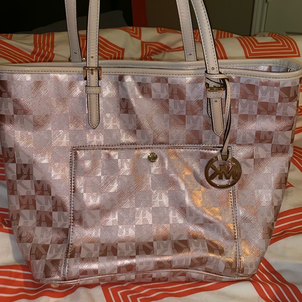 Rose gold Michael Kors checker tote